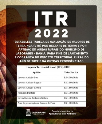 ITR 2022 - TABELA DE AVALIAÇÃO DE VALORES  DE TERRA NUA  (VTN)