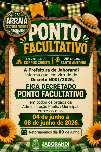 ponto facultativo nos órgãos da Administração Pública Municipal no período de 0...